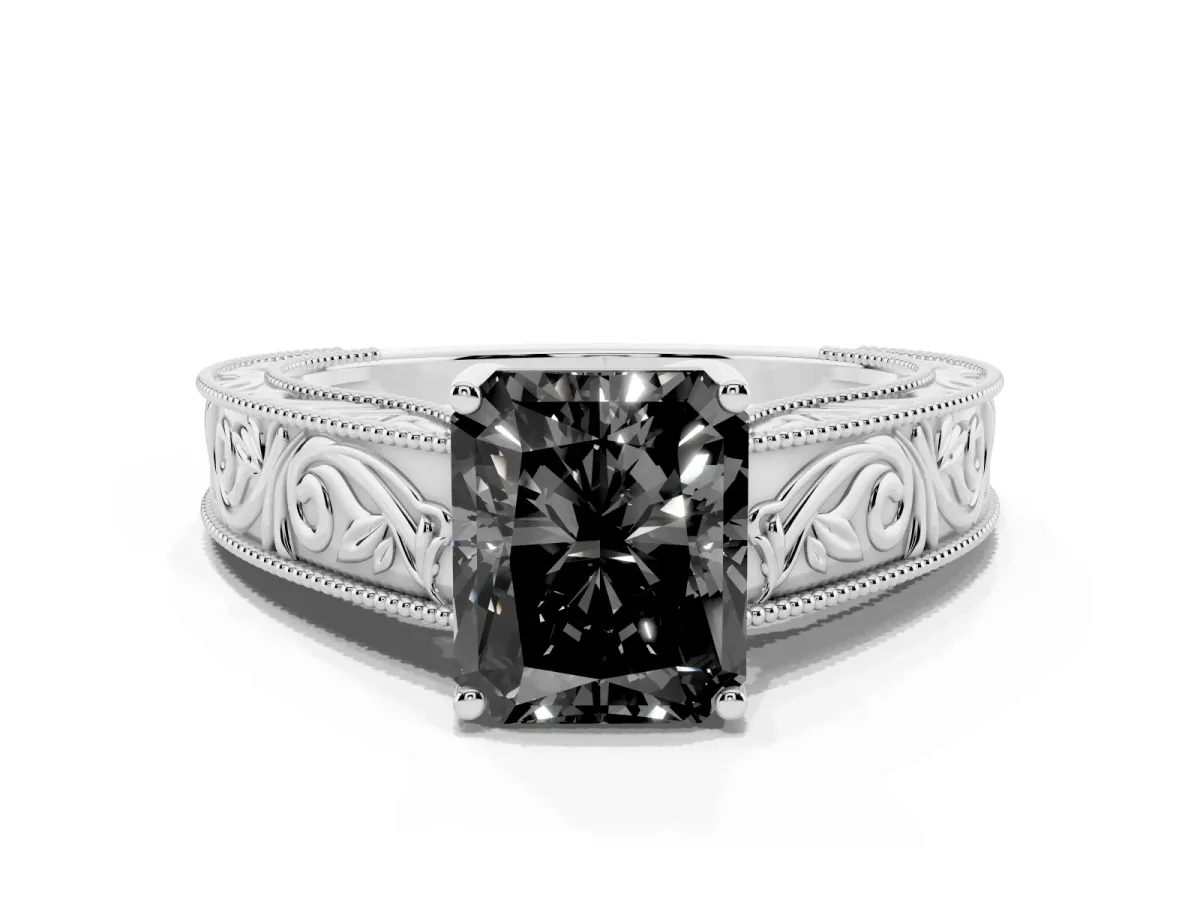 Fancy Black Radiant Cut Diamond Solitaire Ring with Engraved Band and Four-Prong Setting Platinum