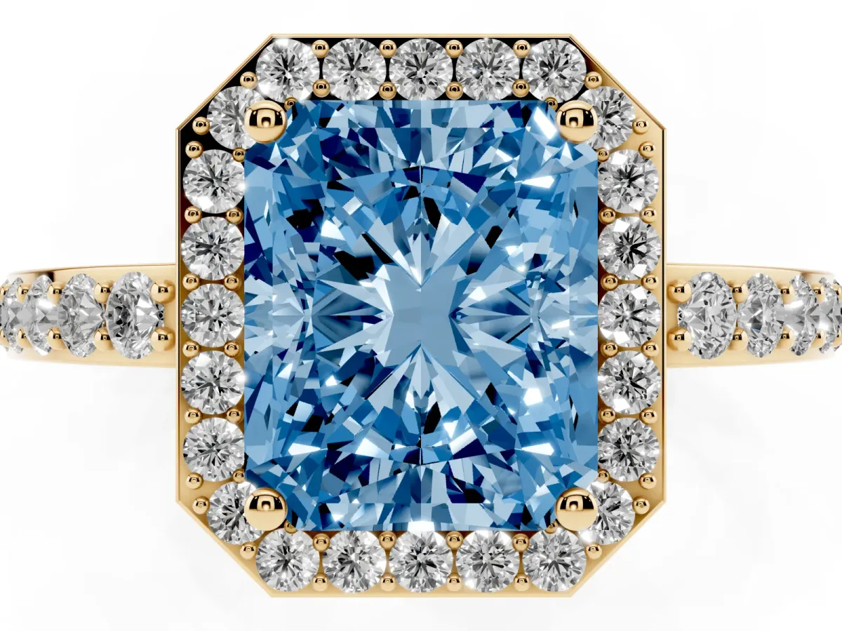 Fancy Blue Radiant Cut Halo Diamond Pavé Band Ring with Prong Setting Yellow gold