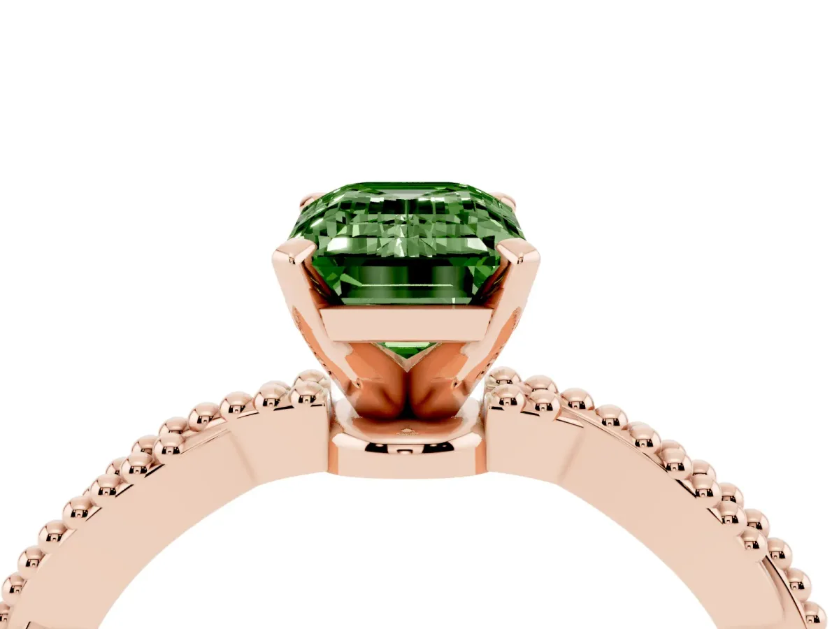 Fancy Green Emerald Cut Solitaire Twisted Band with Bead Prong Setting Rose gold
