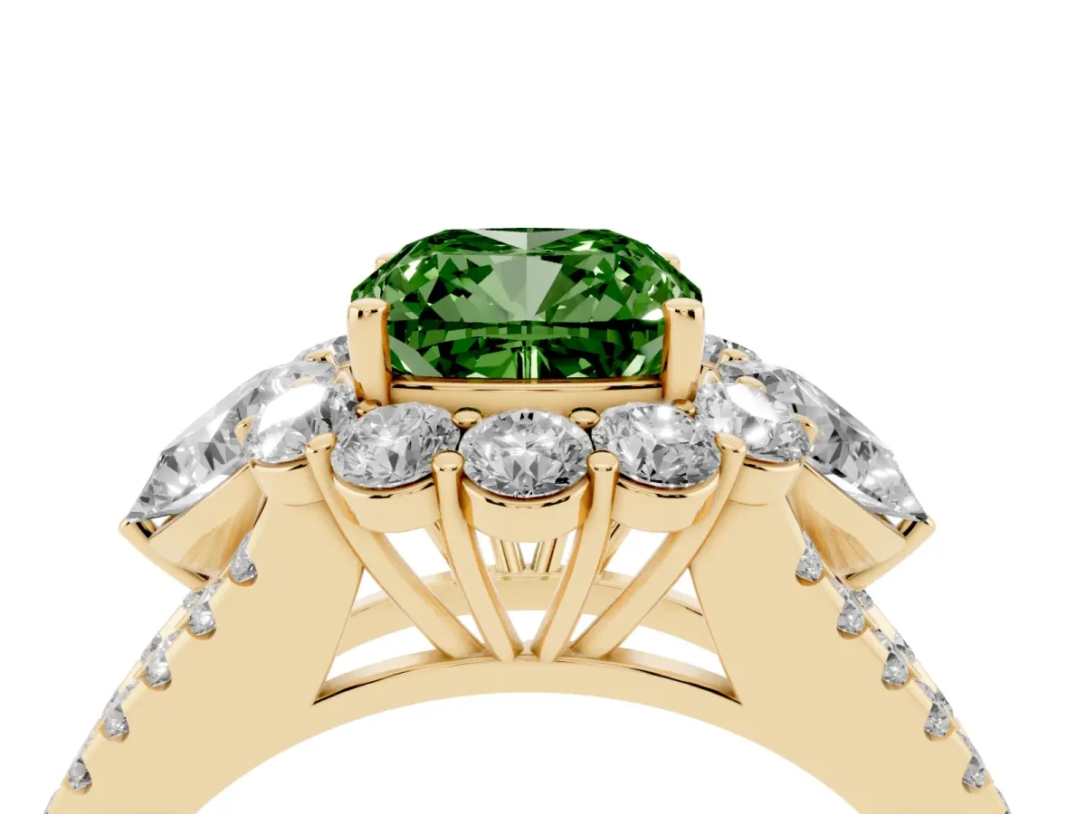 Fancy Green Cushion Cut Halo Split Shank Diamond Engagement Ring with Prong Setting Yellow gold