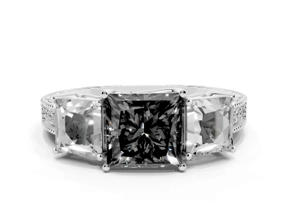 Fancy Black Three-Stone Princess Cut Cut Milgrain Pavé Engagement Ring Platinum