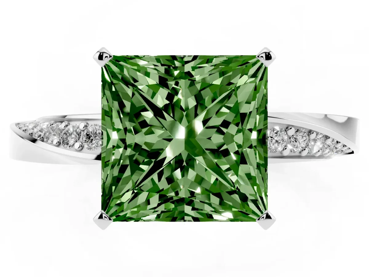 Fancy Green Princess Cut Diamond Engagement Ring with Side Stone Accents and Four-Prong Setting Silver