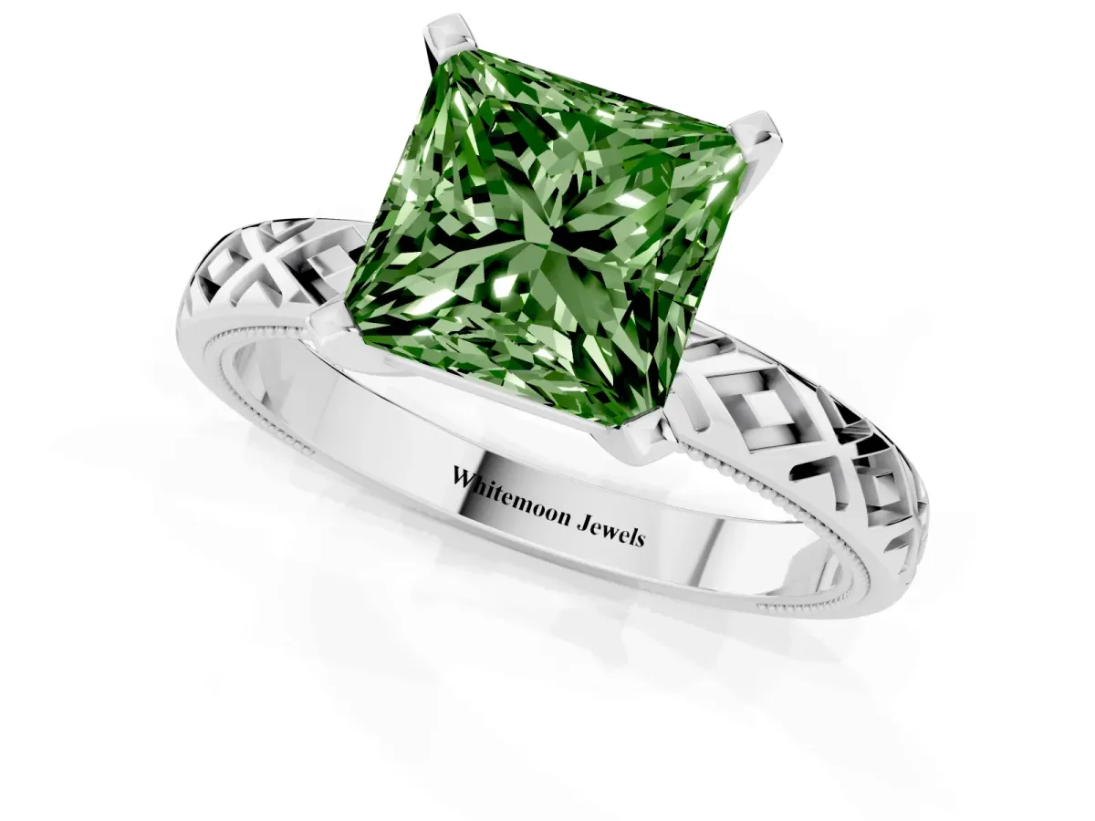 Fancy Green Princess Cut Solitaire Diamond Ring with Milgrain and Black Enamel X Pattern Band Silver