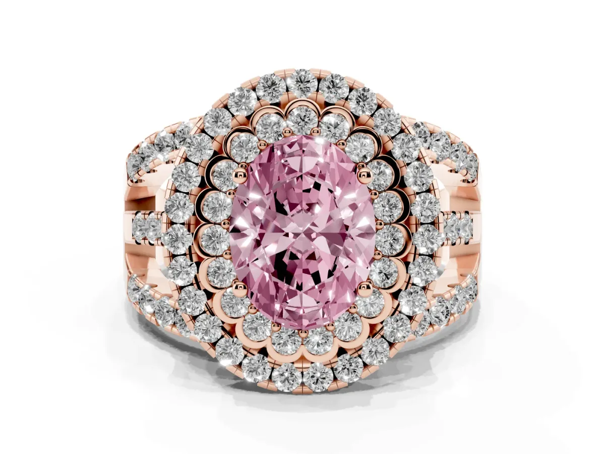 Fancy Pink Oval Cut Diamond Double Halo Ring with Round Pavé Split Shank and Prong Setting Rose gold