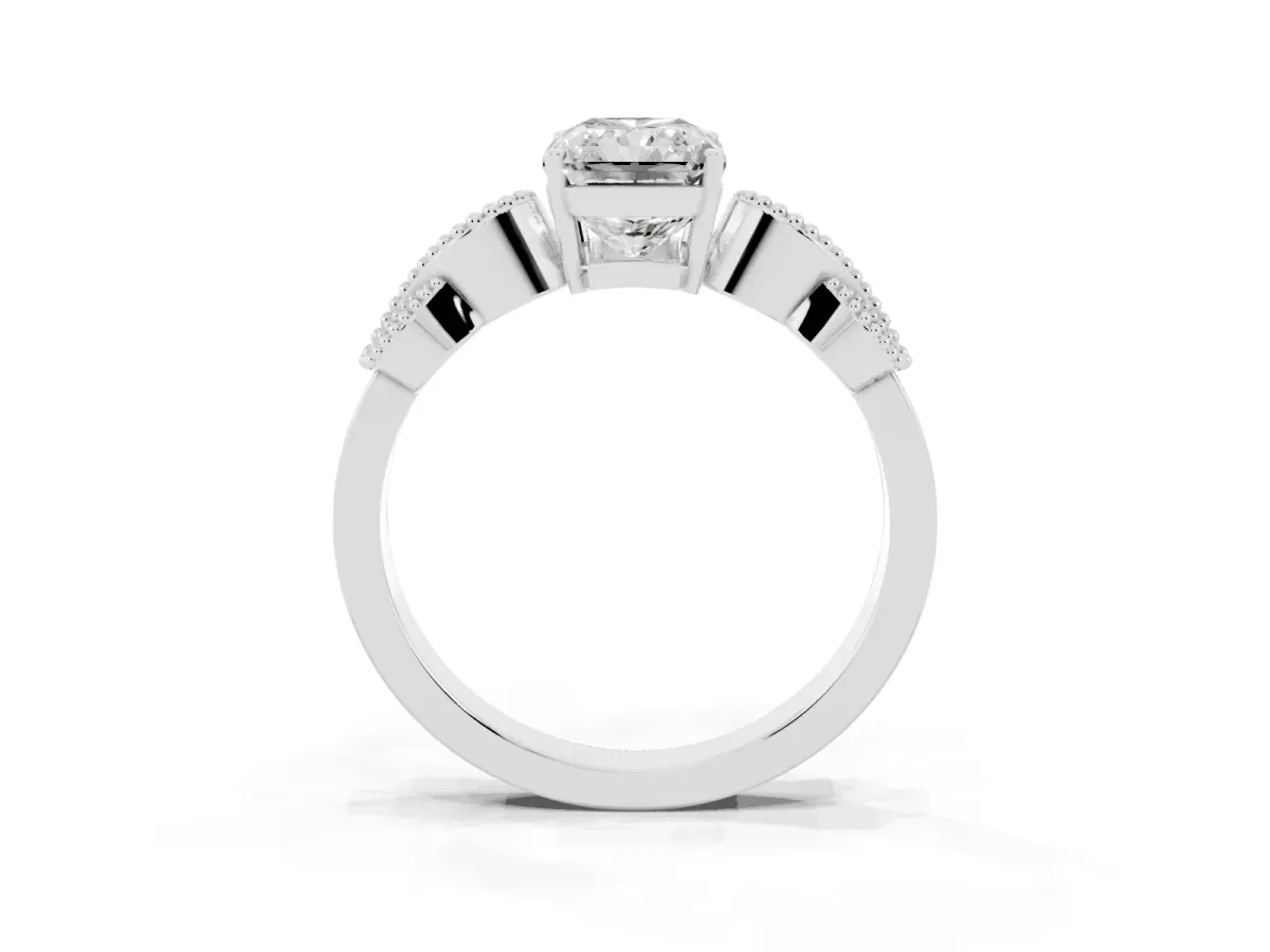 Princess Cut Solitaire Milgrain Leaf Band with Prong Setting White gold