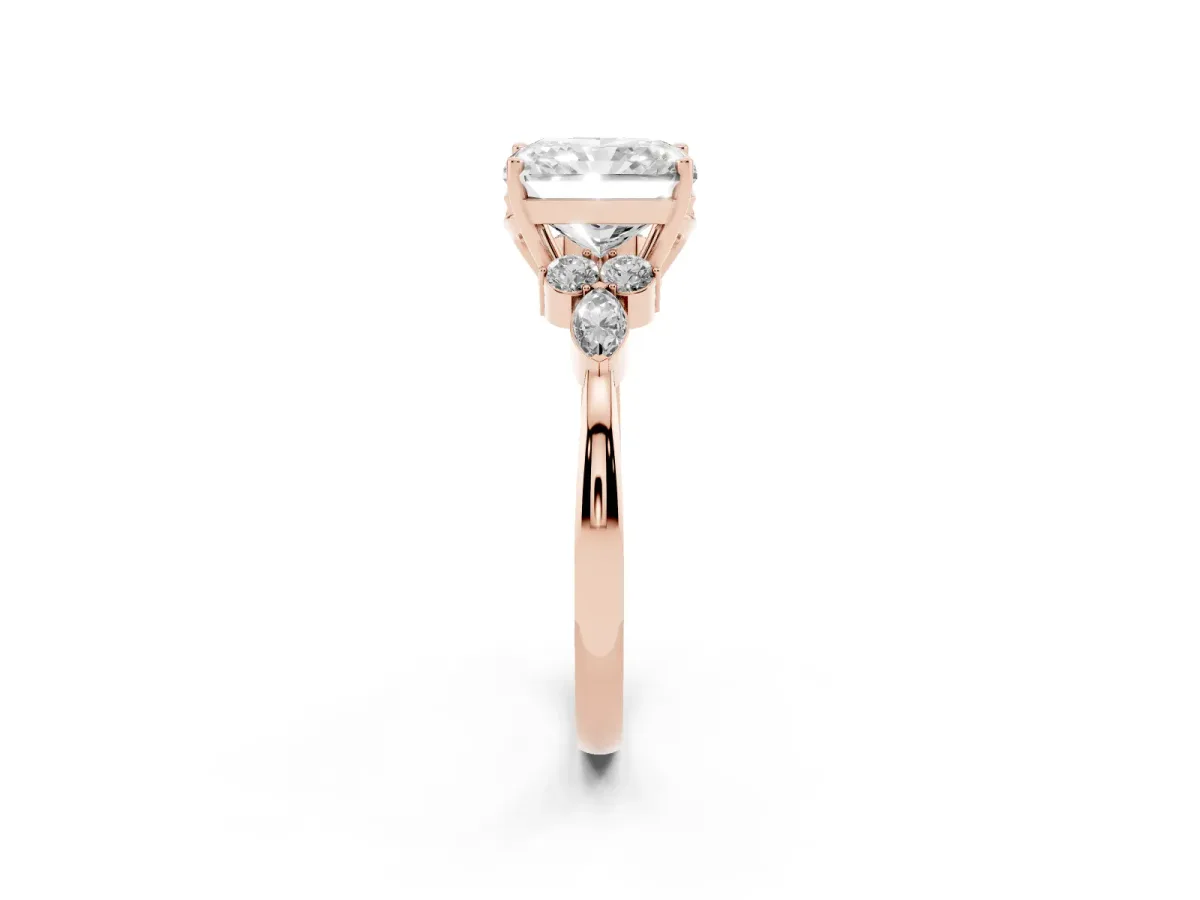 Radiant Cut Brilliant Diamond Solitaire Ring with Pear Side Stones and Four-Prong Setting Rose gold