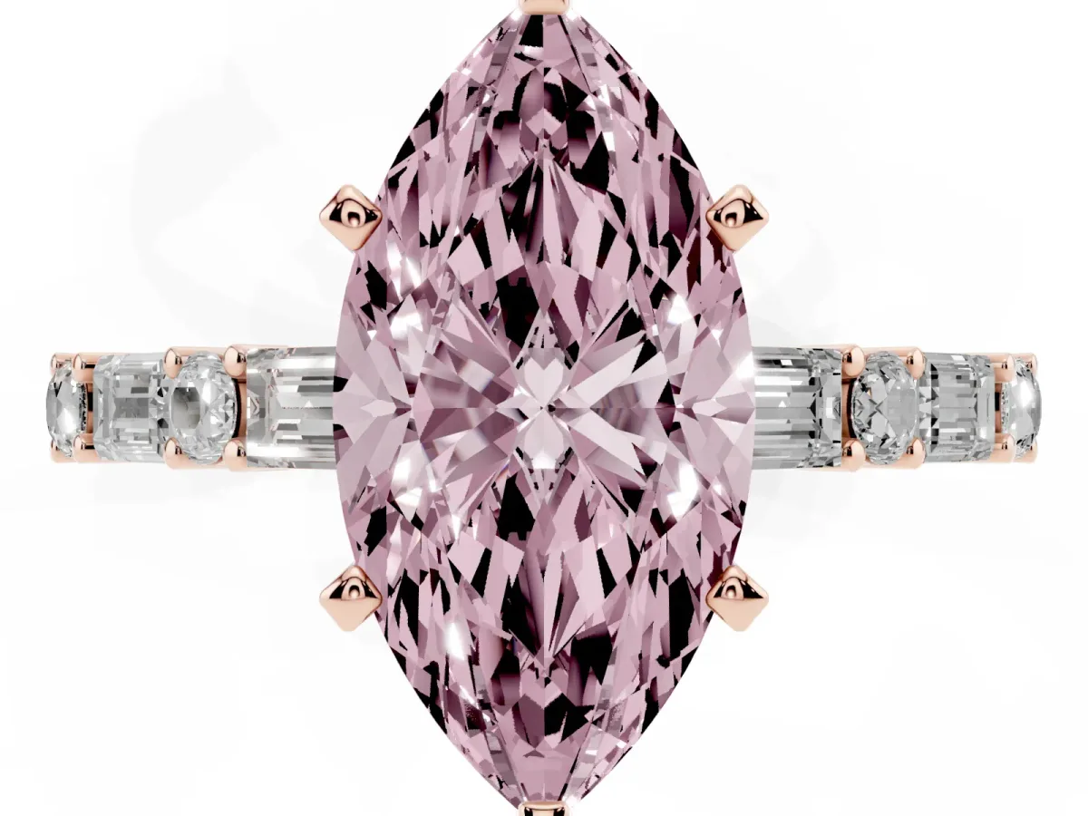 Fancy Pink Marquise Cut Diamond Solitaire with Side Baguettes and Channel Set Band Rose gold