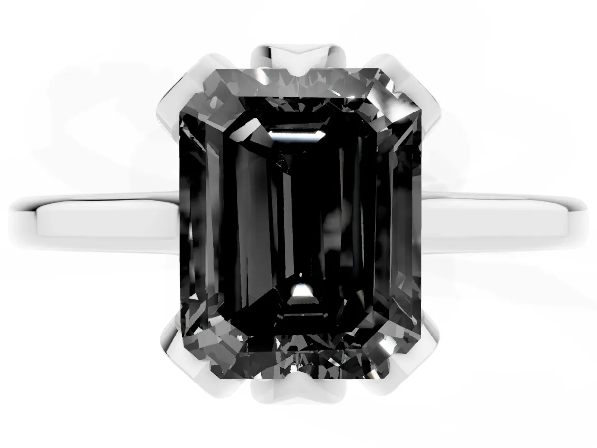 Fancy Black Emerald Cut Diamond Solitaire Ring with Flower Prong Setting and Classic Band Silver