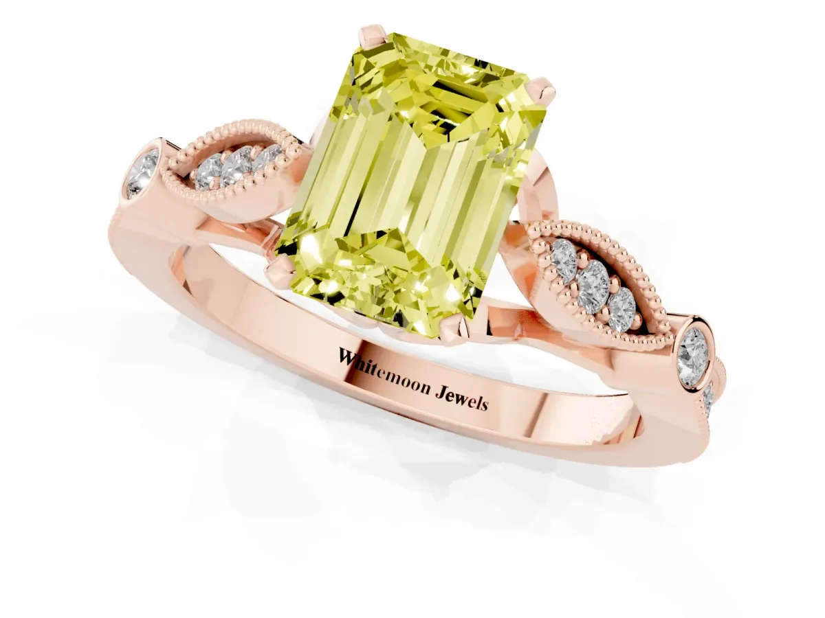 Fancy Yellow Emerald Cut Cut Diamond with Milgrain Marquise and Bezel Accents on a Solitaire Band with Prong Setting Rose gold