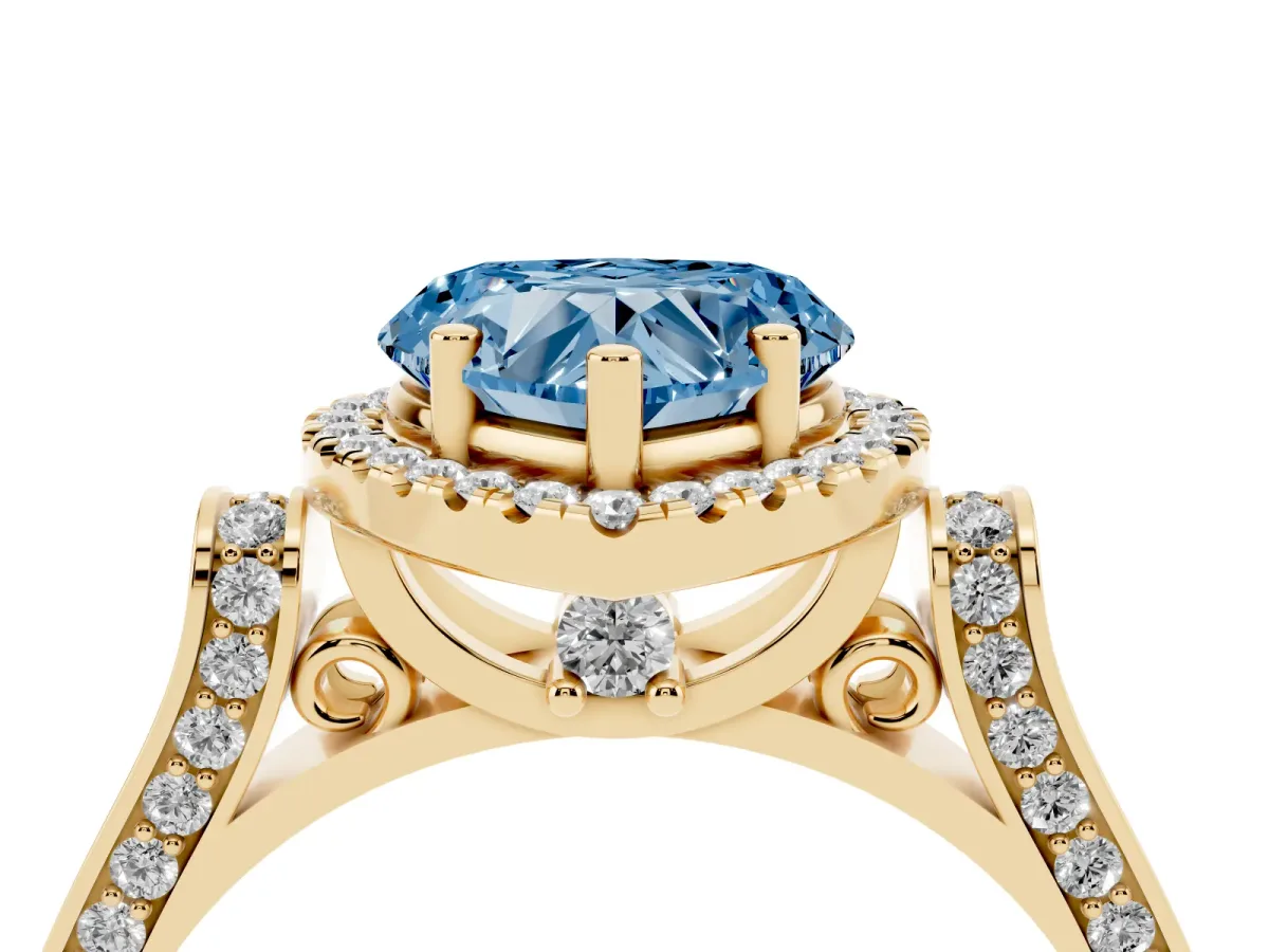Fancy Blue Heart Cut Halo Round Diamond Twist Band with Four-Prong Setting Yellow gold