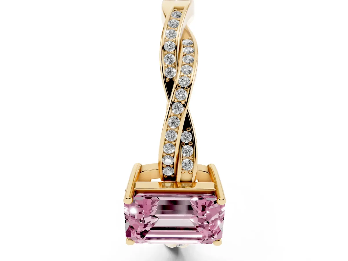 Fancy Pink Emerald Cut Solitaire Twisted Pave Diamond Ring with Four-Prong Setting Yellow gold