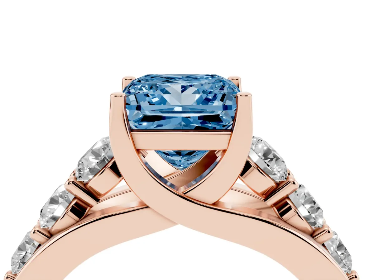 Fancy Blue Princess Cut Diamond Engagement Ring with Pavé Band and Four-Prong Setting Rose gold