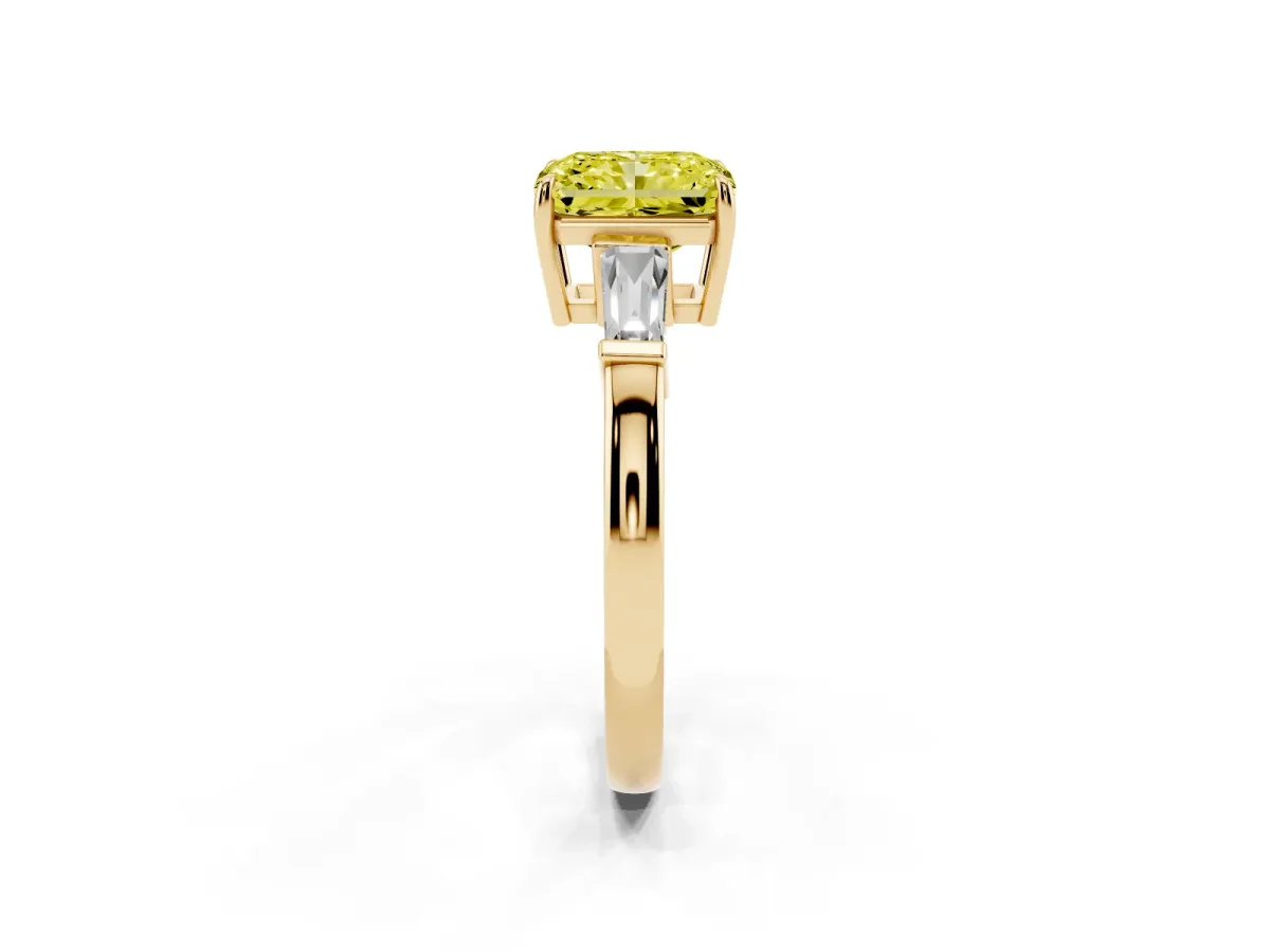 Fancy Yellow Radiant Cut Diamond Three-Stone Ring with Tapered Baguette Side Stones and Prong Setting Yellow gold