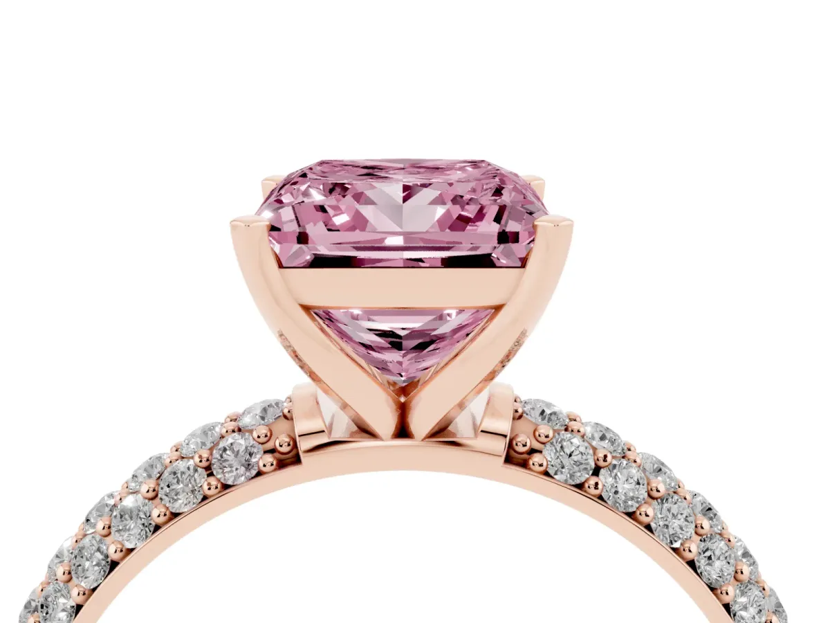 Fancy Pink Princess Cut Diamond Solitaire Ring with Prong Setting and Pavé Band Rose gold