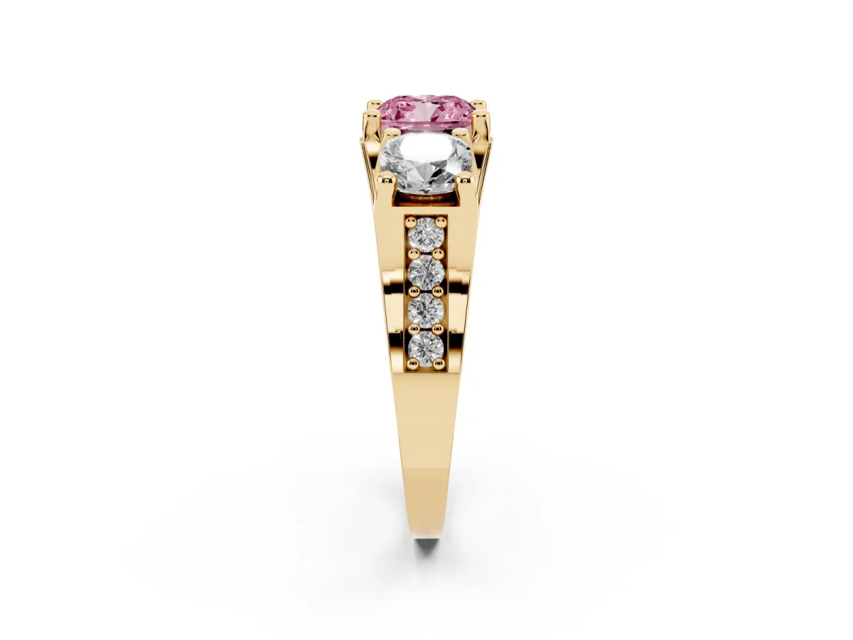 Fancy Pink Cushion Cut Diamond Three-Stone Ring with Channel Set Band and Four-Prong Setting Yellow gold