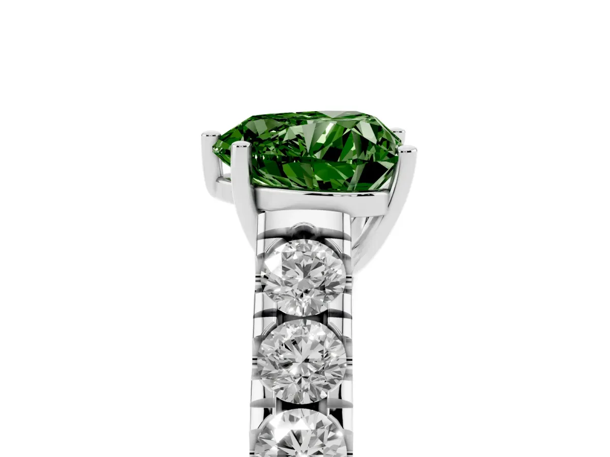 Fancy Green Heart Cut Cut Diamond Solitaire Ring with Micro Pave Band and Prong Setting Silver