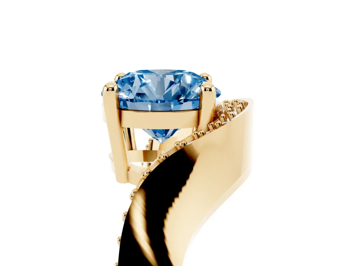 Fancy Blue Round Cut Solitaire Diamond Engagement Ring with Pave Band and Four-Prong Setting Yellow gold