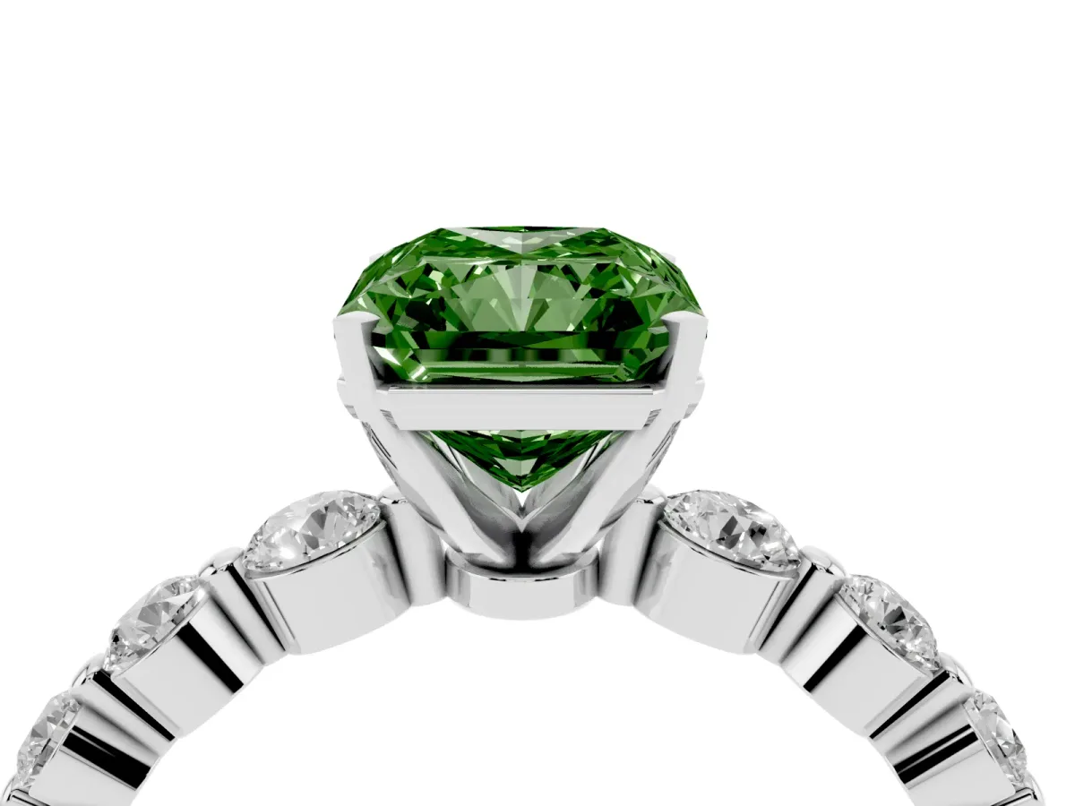 Fancy Green Radiant Cut Solitaire Diamond Ring with Pave Band and Four-Prong Setting Silver