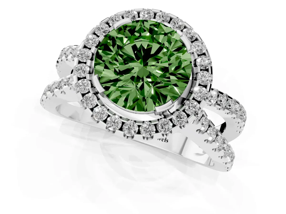 Fancy Green Round Cut Diamond Halo Ring with Split Shank Pavé Band and Prong Setting Silver