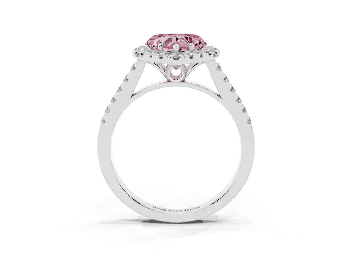 Fancy Pink Heart Cut Halo Pavé Diamond Engagement Ring with Four-Prong Setting Silver