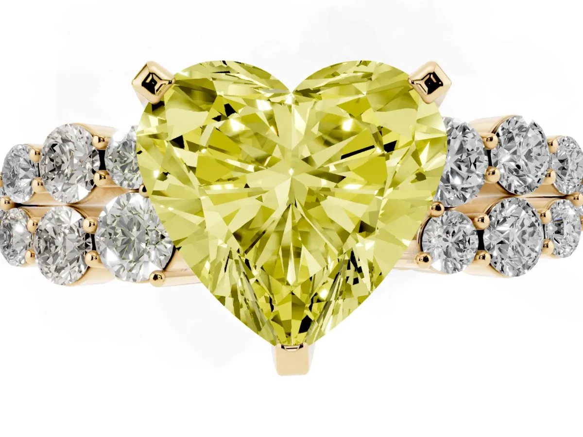Fancy Yellow Heart Cut Cluster Diamond Engagement Ring with Pavé Band and Four-Prong Setting Yellow gold