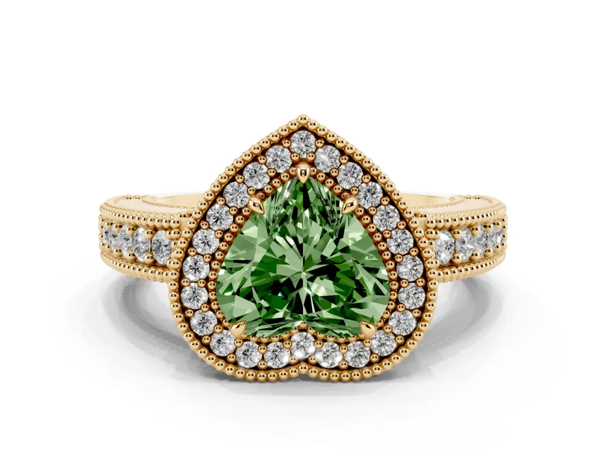 Fancy Green Heart Cut Cut Halo Diamond Ring with Pavé Band and Four-Prong Setting Yellow gold