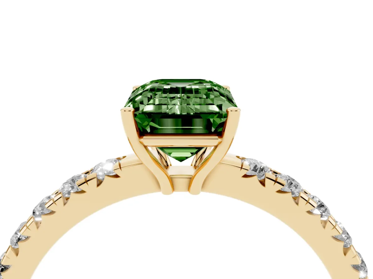 Fancy Green Emerald Cut Diamond Pavé Solitaire Engagement Ring with Four-Prong Setting Yellow gold