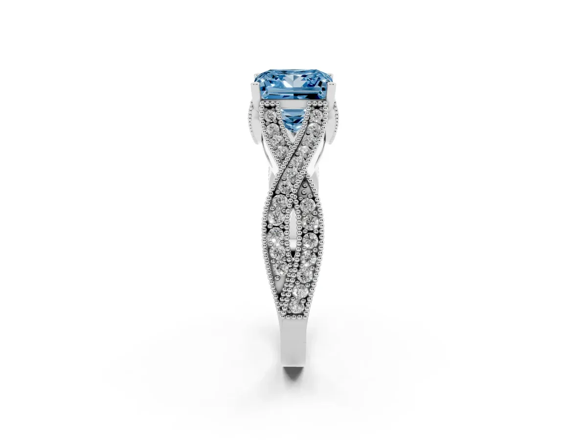 Fancy Blue Princess Cut Cut Diamond Twisted Band with Milgrain Pave Setting and Four-Prong Setting Platinum
