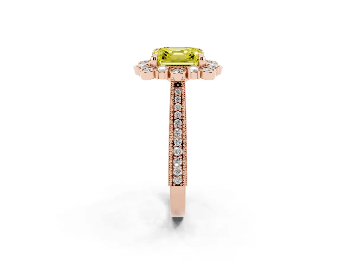 Fancy Yellow Asscher Cut Halo Milgrain Pave Diamond Ring with Four-Prong Setting Rose gold