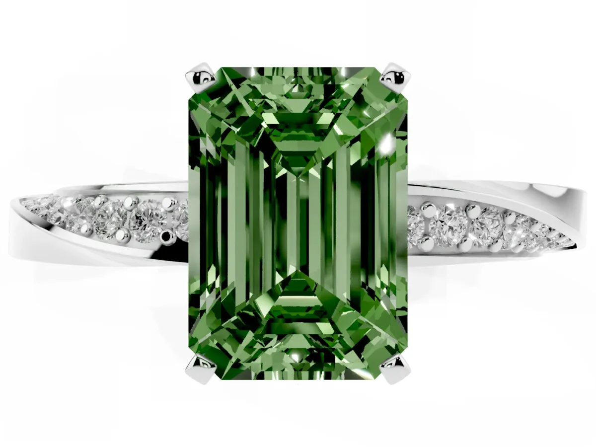 Fancy Green Emerald Cut Diamond Engagement Ring with Side Stone Accents and Four-Prong Setting Silver