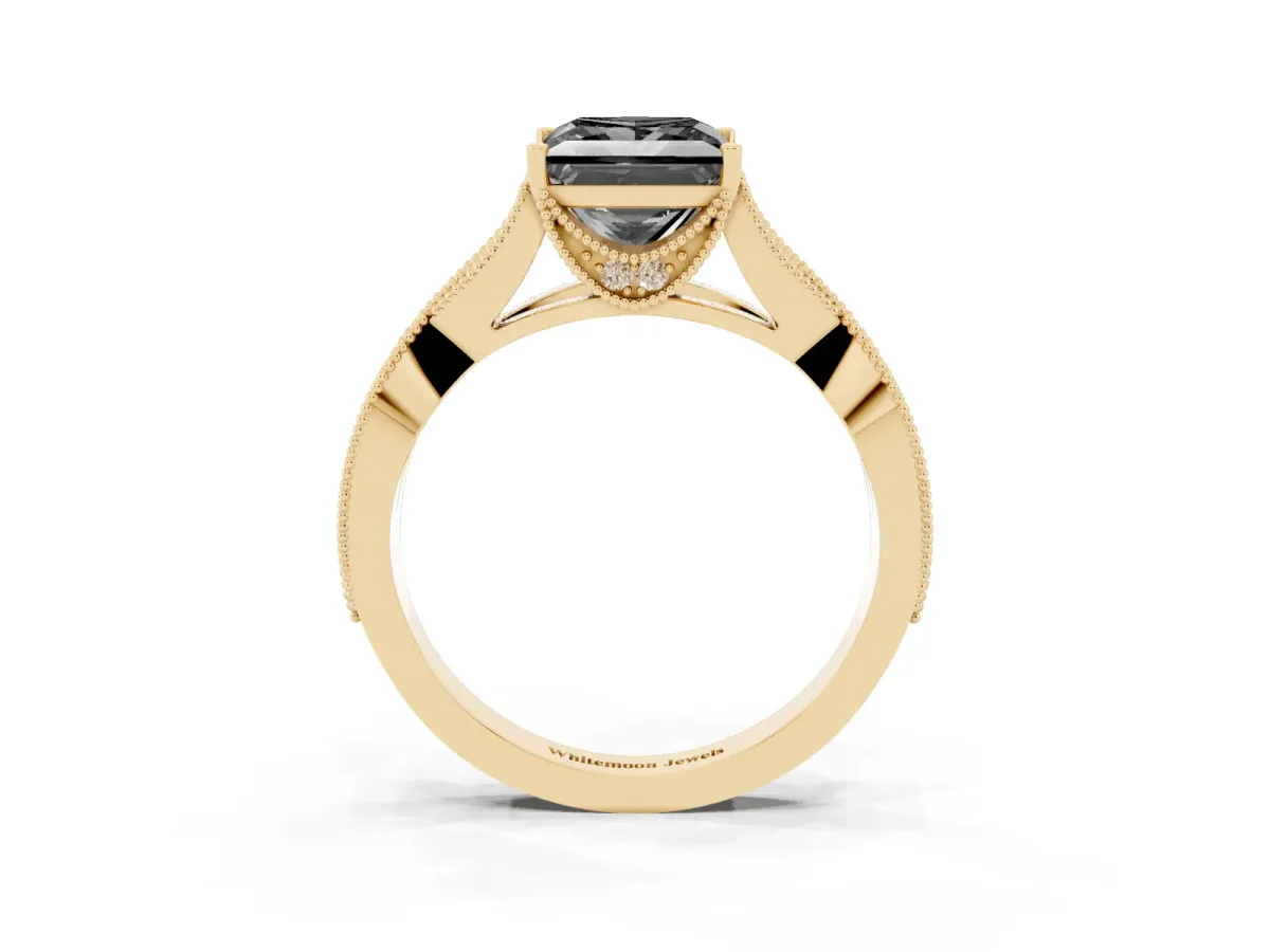 Fancy Black Princess Cut Cut Diamond Twisted Band with Milgrain Pave Setting and Four-Prong Setting Yellow gold