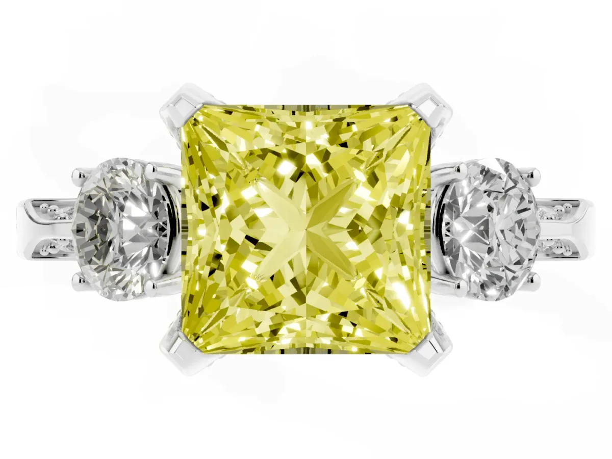 Fancy Yellow Princess Cut Brilliant Three-Stone Diamond Ring with Pavé Band and Four-Prong Setting White gold