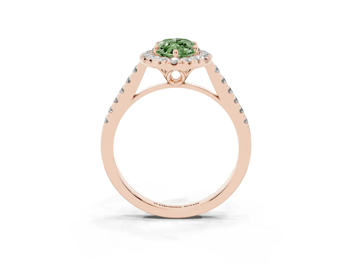 Fancy Green Marquise Cut Halo Pavé Diamond Engagement Ring with Four-Prong Setting Rose gold