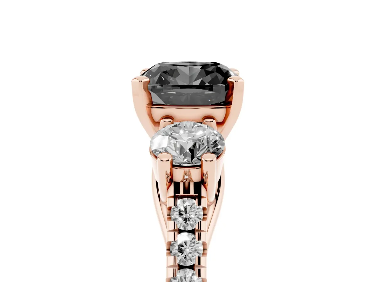 Fancy Black Three-Stone Cushion Cut Diamond Pavé Band with Four-Prong Setting Rose gold
