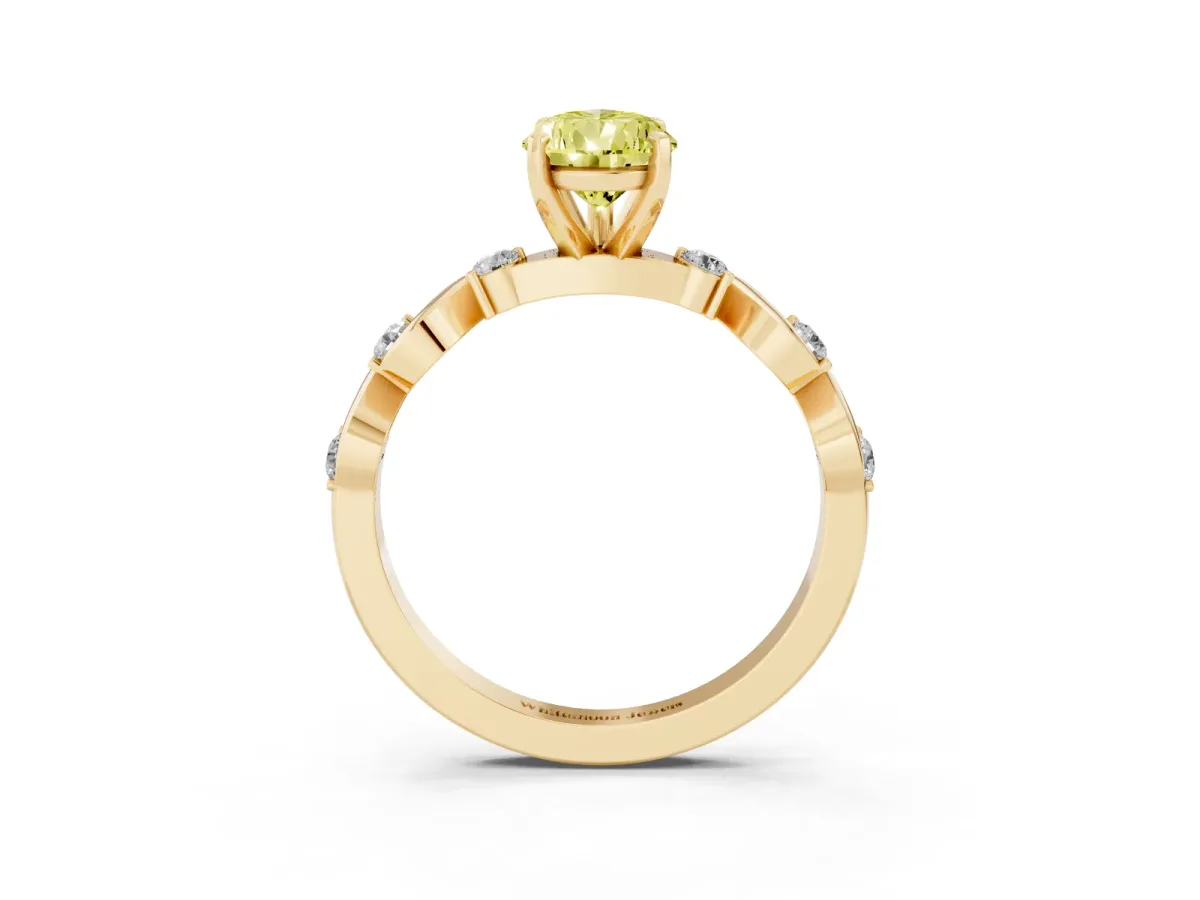 Fancy Yellow Pear Cut Diamond Solitaire Twisted Band with Round Accents and Prong Setting Yellow gold
