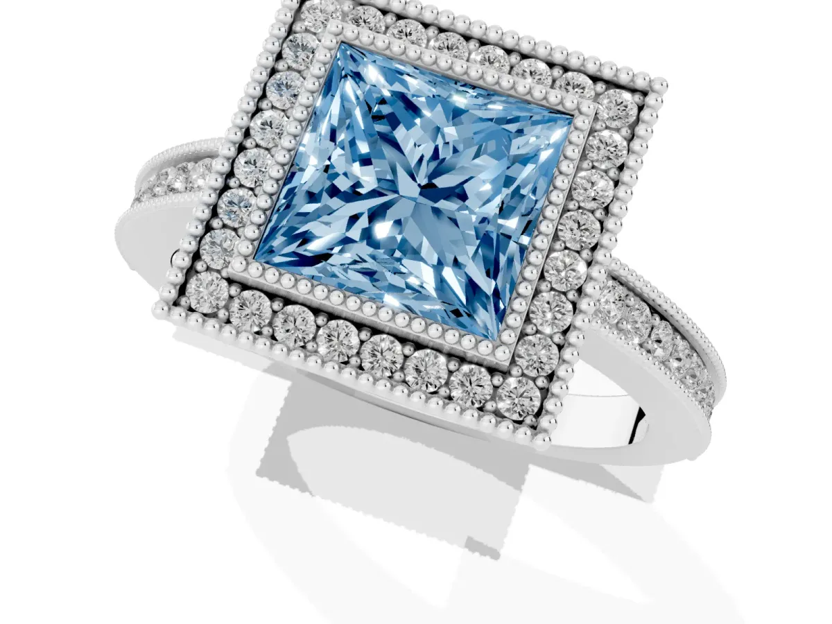 Fancy Blue Princess Cut Cut Halo Diamond Ring with Pavé Band and Milgrain Prong Setting Platinum