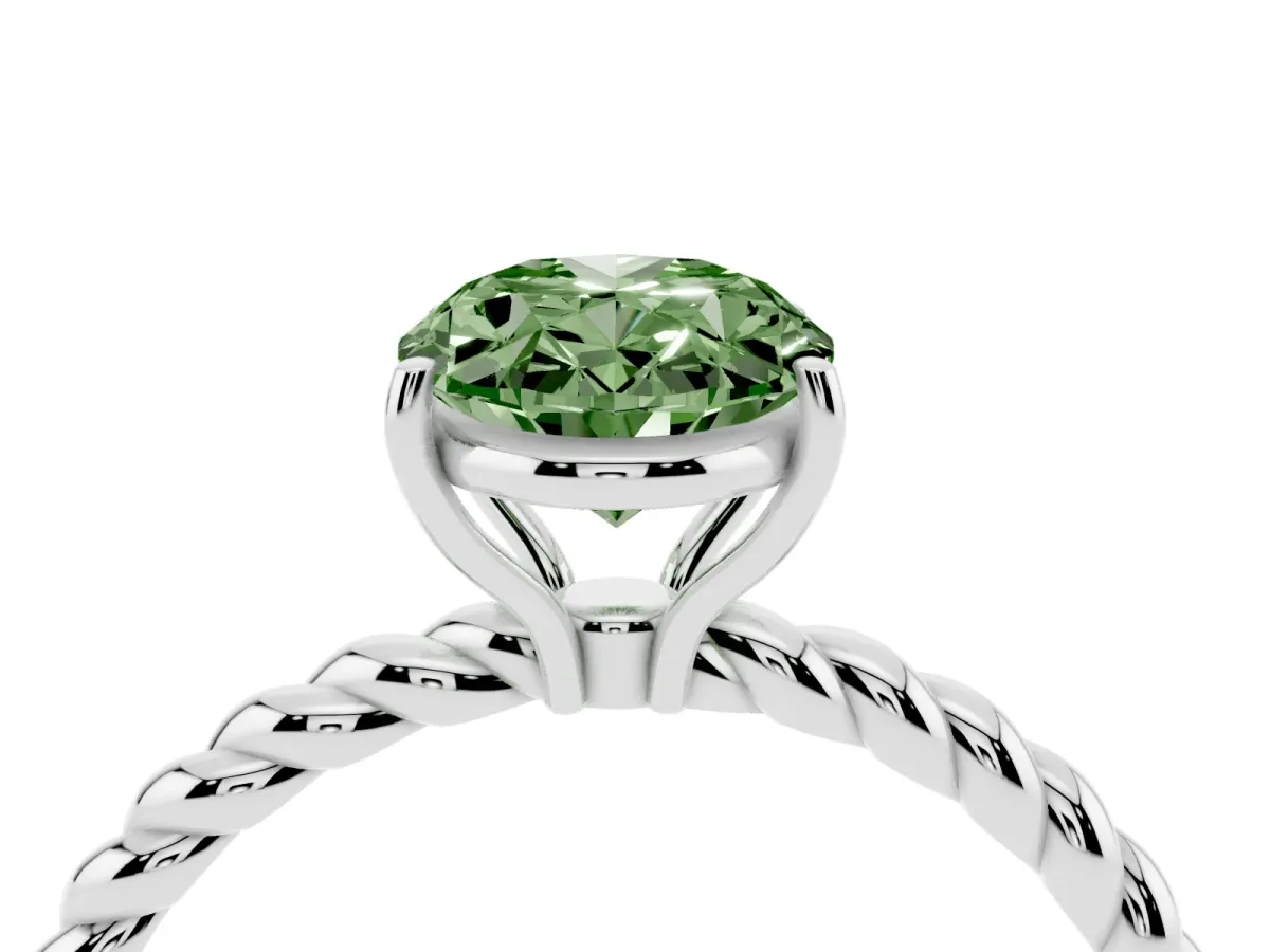 Fancy Green Oval Cut Solitaire Twist Band Ring with Four-Prong Setting Silver