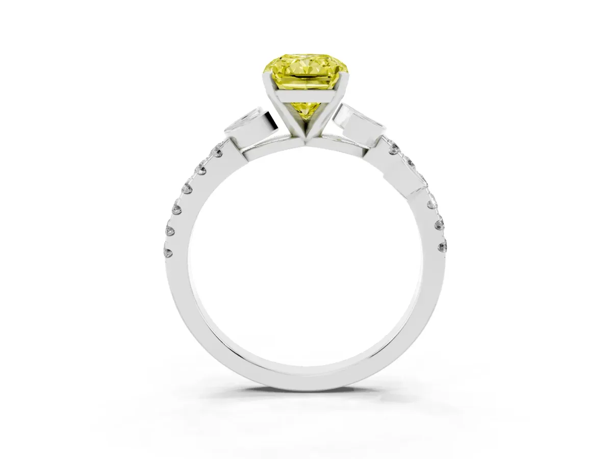 Fancy Yellow Radiant Cut Solitaire Leaf-Inspired Diamond Ring with Pavé Band and Four-Prong Setting Silver