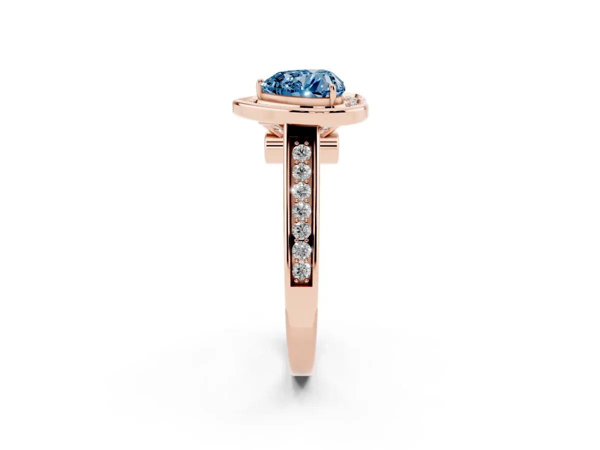 Fancy Blue Heart Cut Halo Solitaire Diamond Ring with Pave Band and Bezel Setting Rose gold