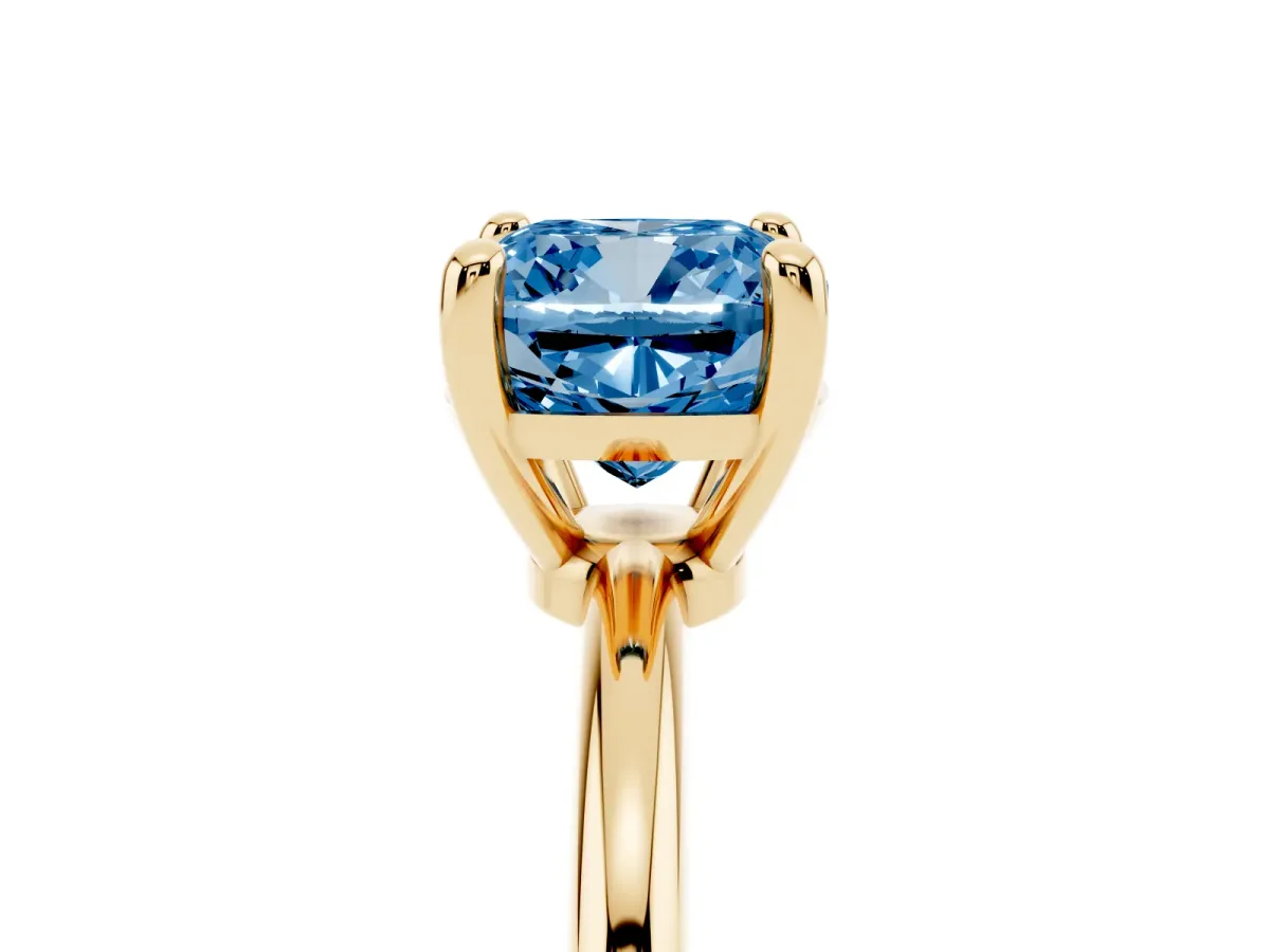 Fancy Blue Cushion Cut Solitaire Diamond Ring with 4-Prong Setting on a Classic Band Yellow gold