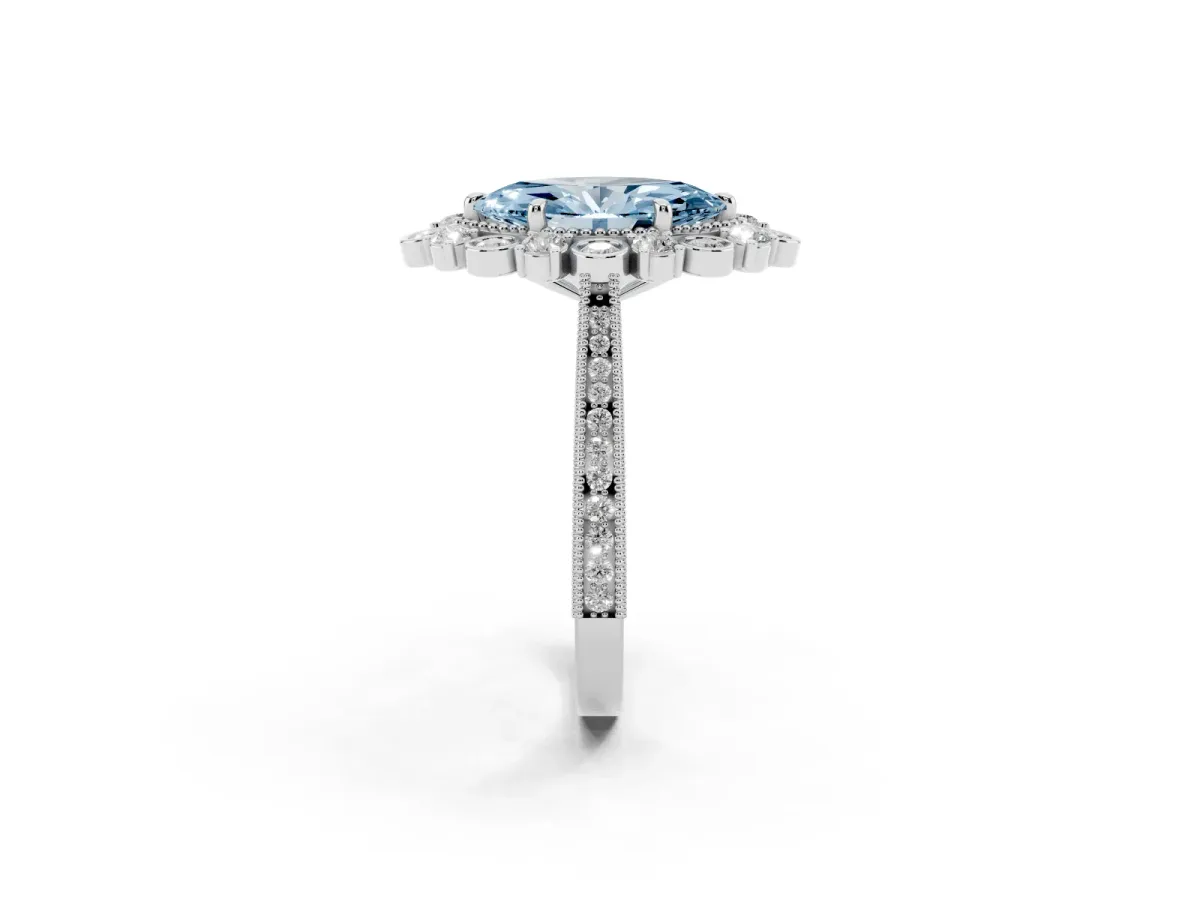Fancy Blue Marquise Cut Halo Milgrain Pave Diamond Ring with Four-Prong Setting White gold
