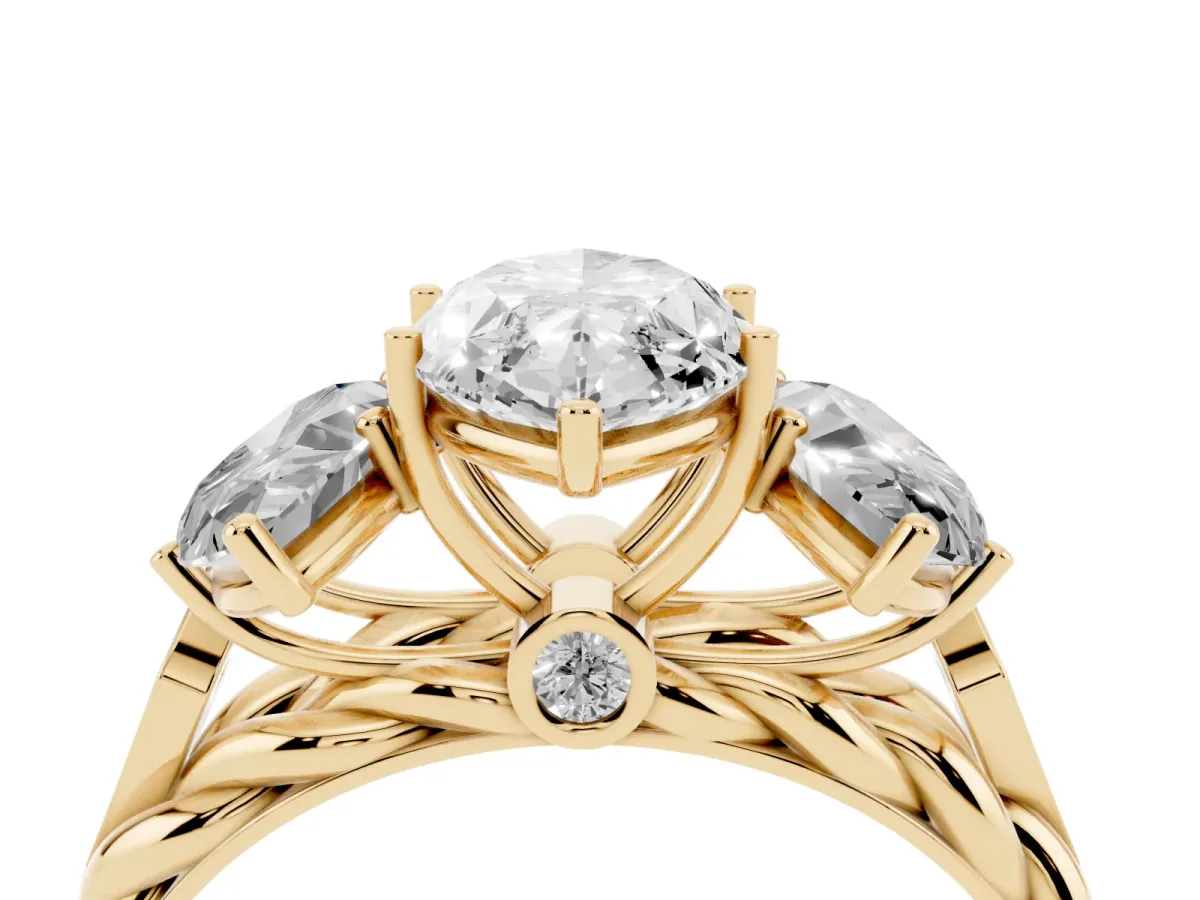 Three-Stone Marquise Cut Diamond Braided Band Ring with Four-Prong Setting Yellow gold