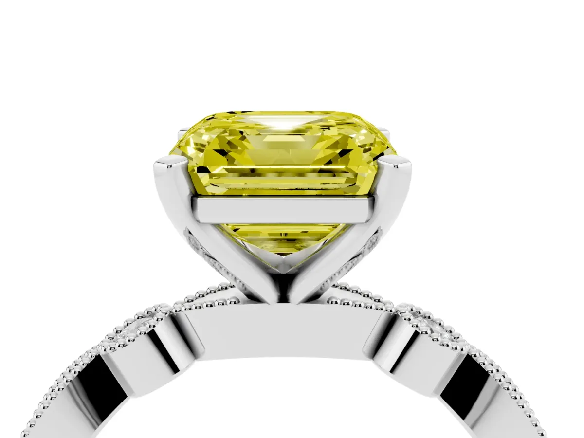 Fancy Yellow Asscher Cut Milgrain Bezel Diamond Engagement Ring with Solitaire Prong Setting Platinum