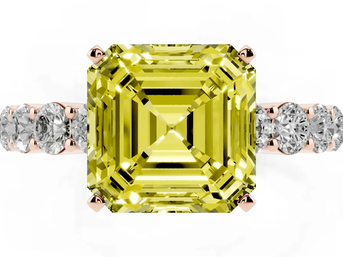 Fancy Yellow Asscher Cut Diamond Solitaire Ring with Shared Prong Round Side Stones Rose gold