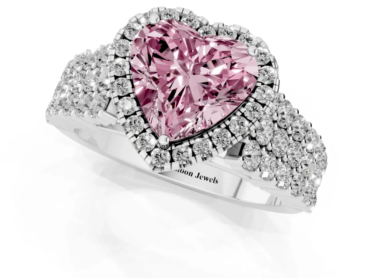 Fancy Pink Heart Cut Diamond Halo Engagement Ring with Triple Row Round Pavé Band and Prong Setting Silver