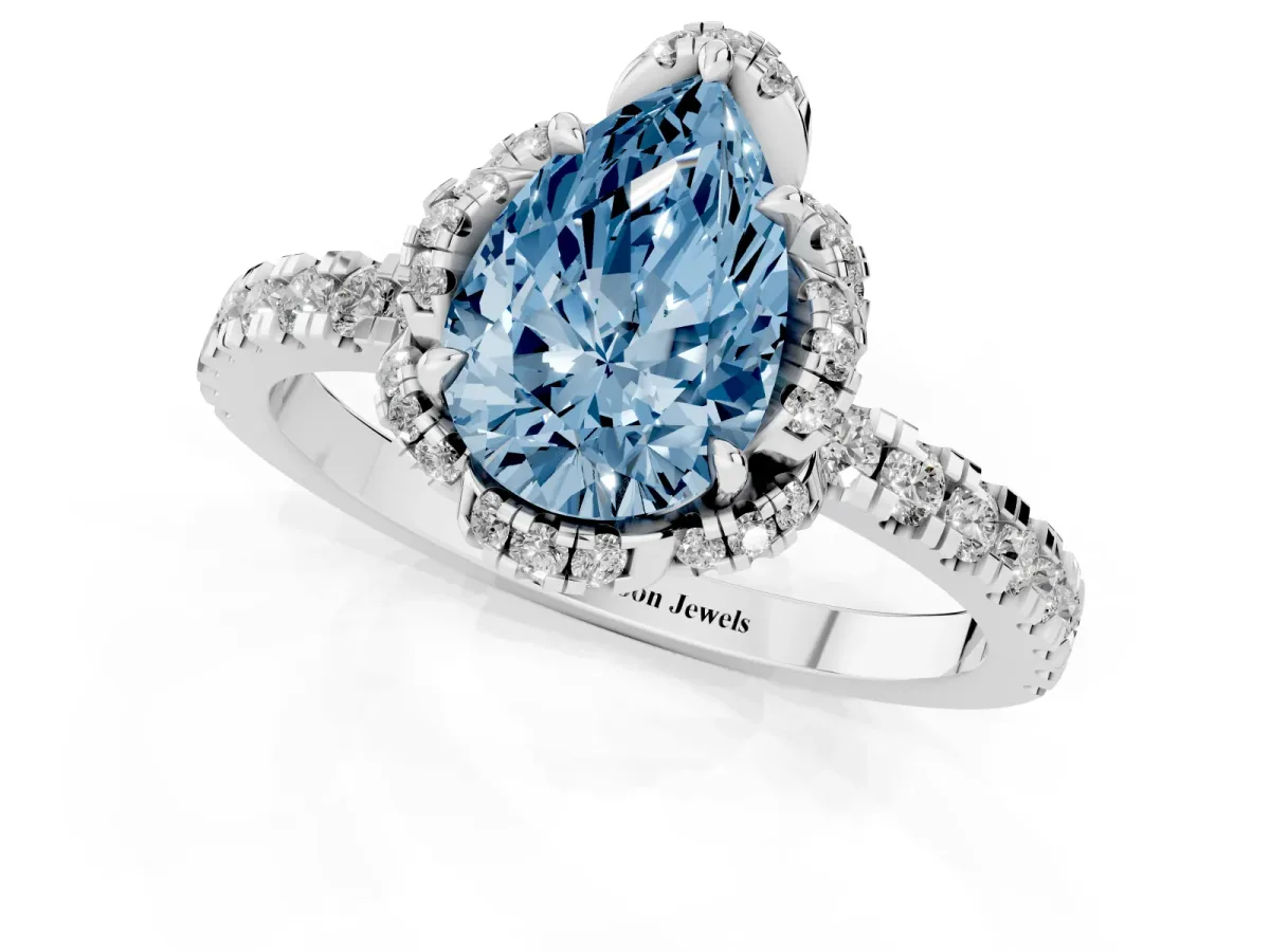 Fancy Blue Pear Cut Halo Diamond Pave Band Ring with Four-Prong Setting Silver