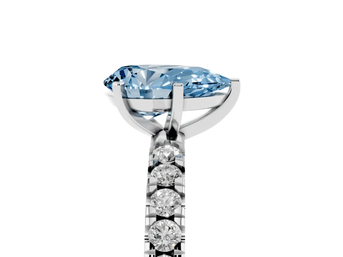 Fancy Blue Pear Cut Diamond Pavé Band Solitaire with Four-Prong Setting Silver
