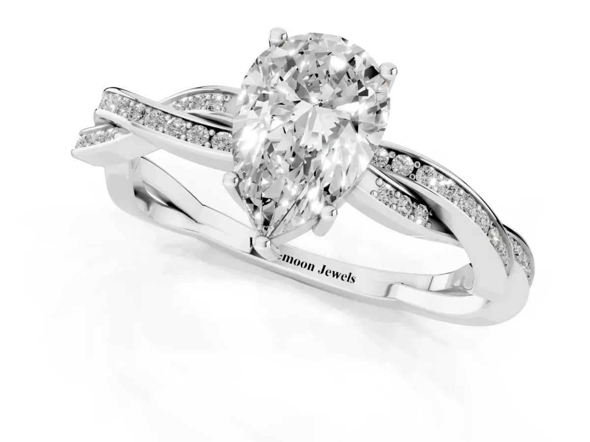 Pear Cut Solitaire Twisted Pave Diamond Ring with Four-Prong Setting White gold