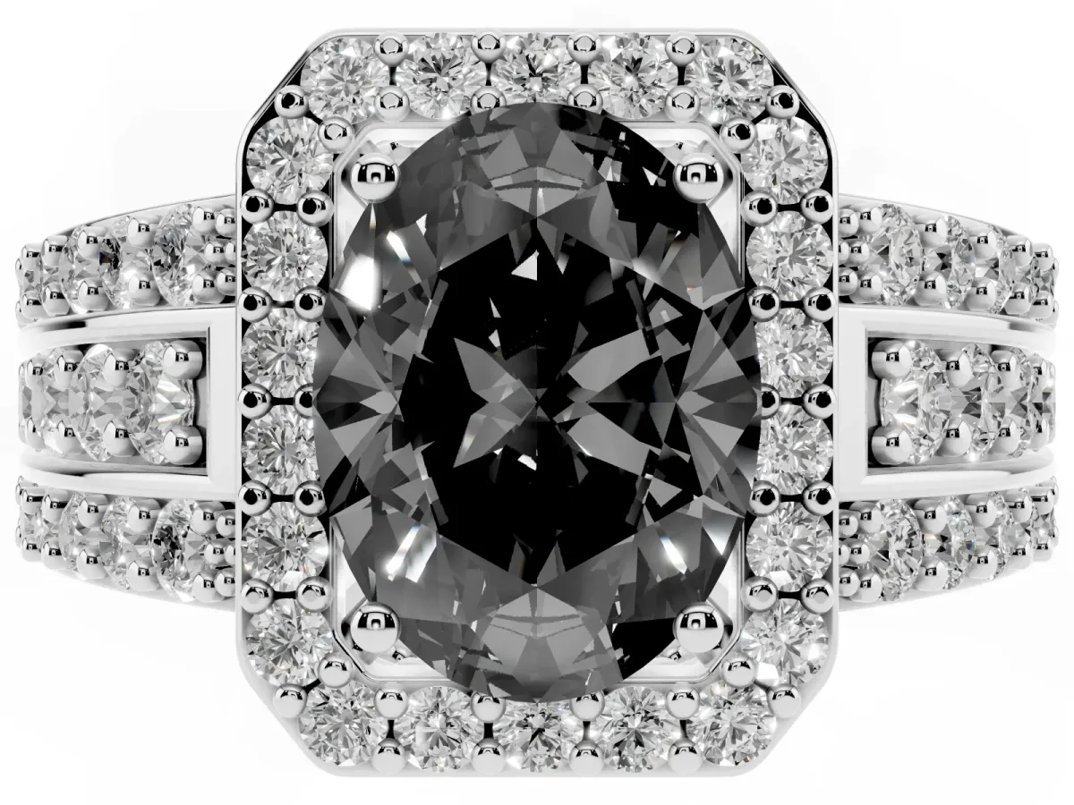 Fancy Black Oval Cut Halo Diamond Ring with Round Split Shank and Prong Setting Platinum