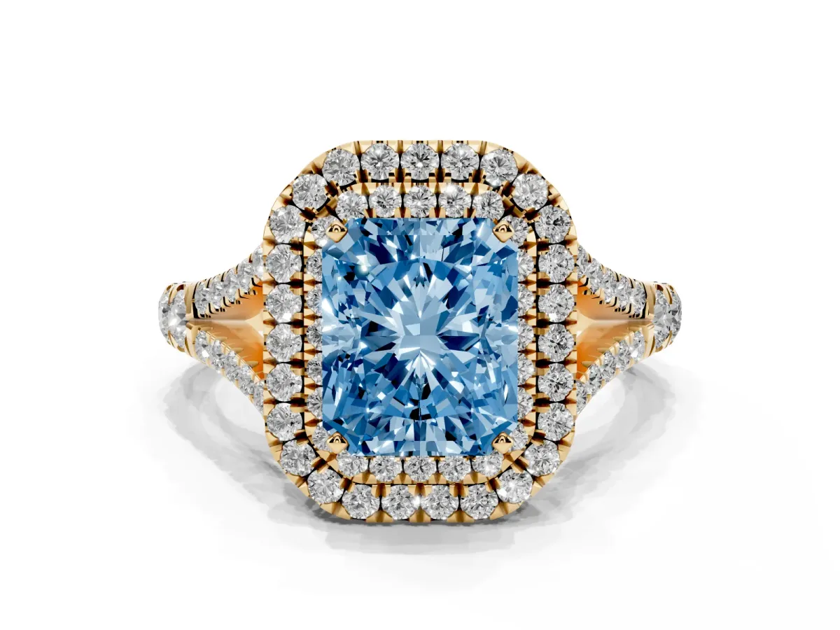 Fancy Blue Double Halo Radiant Cut Diamond Split Shank Engagement Ring with Four-Prong Setting Yellow gold